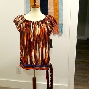 NWT Chime Burnt orange and Navy Blue Capped Sleeve Blouse, Size XL